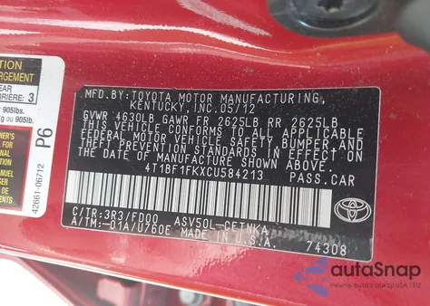 2012 Toyota Camry Le из США, поврежденный, VIN 4T1BF1FKXCU584213